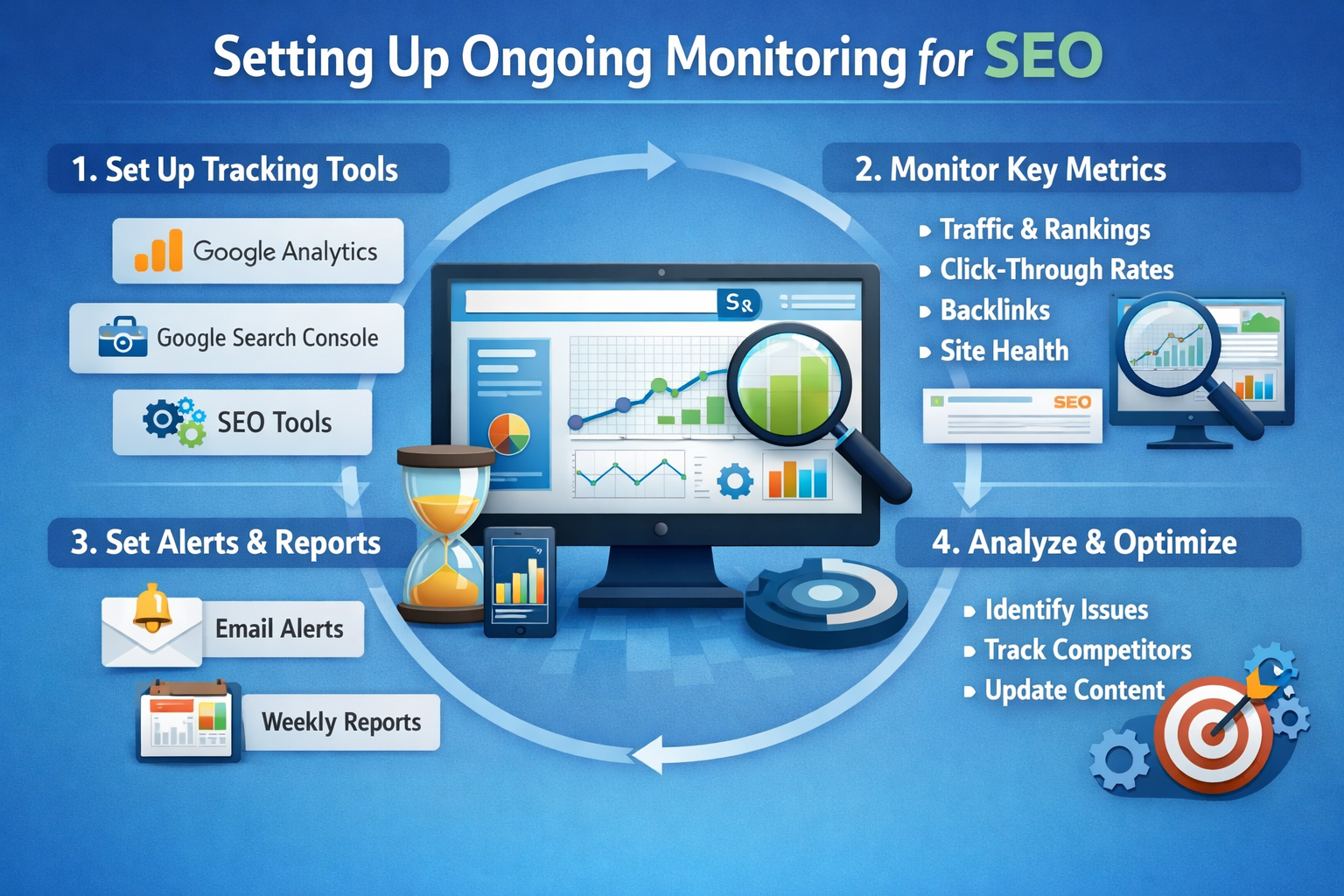 Monthly SEO maintenance calendar with scheduled broken link checks